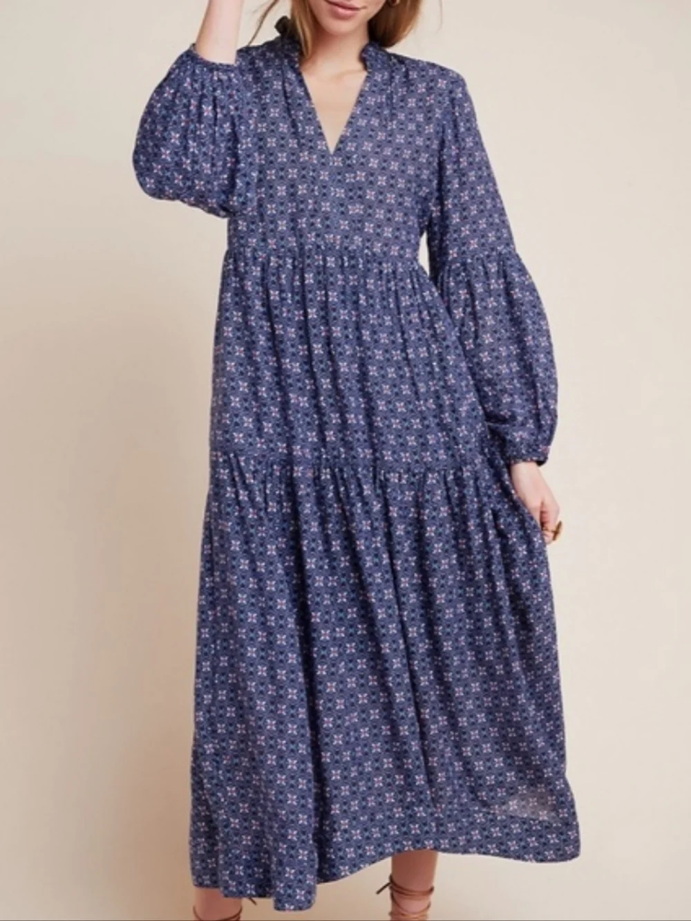 Maeve by Anthropologie Tamarind Tiered Blue Floral Long Sleeve Maxi Dress Size S